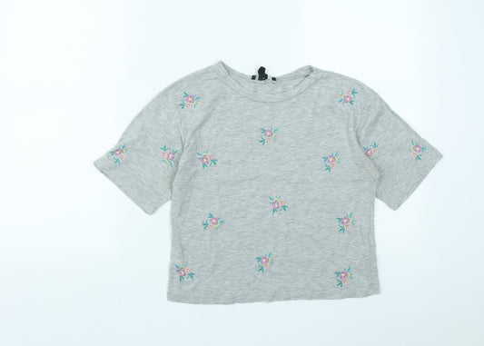 New Look Womens Grey Floral Cotton Basic T-Shirt Size 6 Round Neck