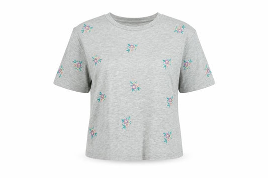 New Look Womens Grey Floral Cotton Basic T-Shirt Size 6 Round Neck