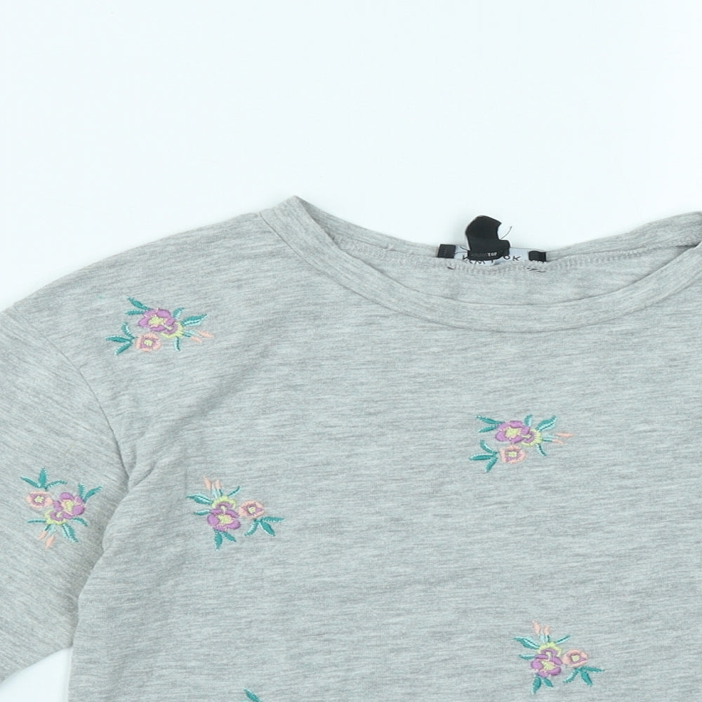 New Look Womens Grey Floral Cotton Basic T-Shirt Size 6 Round Neck
