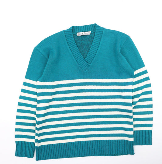 Pure & Natural  Womens Green V-Neck Striped Acrylic Pullover Jumper Size S