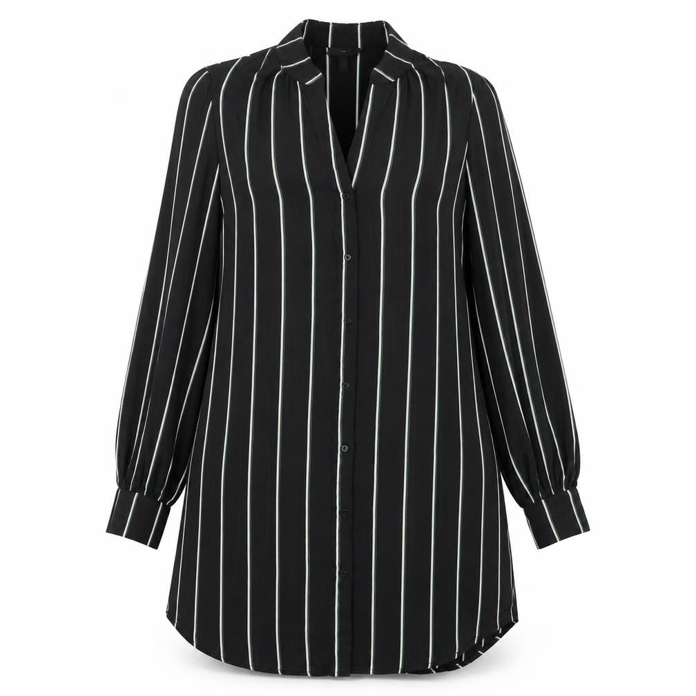 H&M Womens Black Striped Polyester Shirt Dress  Size 6  V-Neck Button