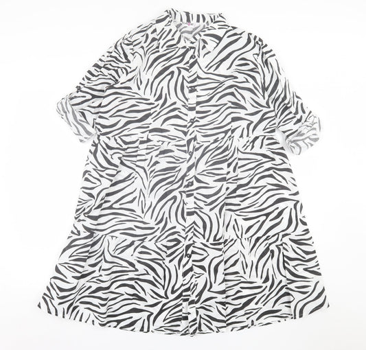 cave Womens White Animal Print Polyester A-Line  Size 12  Collared Button