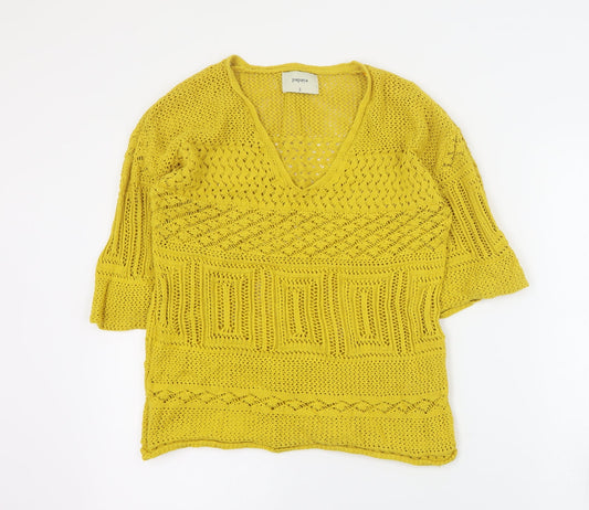 Papaya Womens Yellow V-Neck  Cotton Pullover Jumper Size S