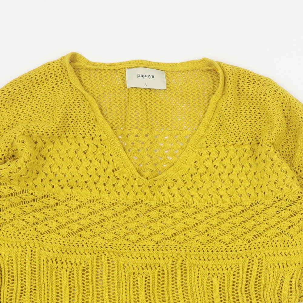 Papaya Womens Yellow V-Neck  Cotton Pullover Jumper Size S
