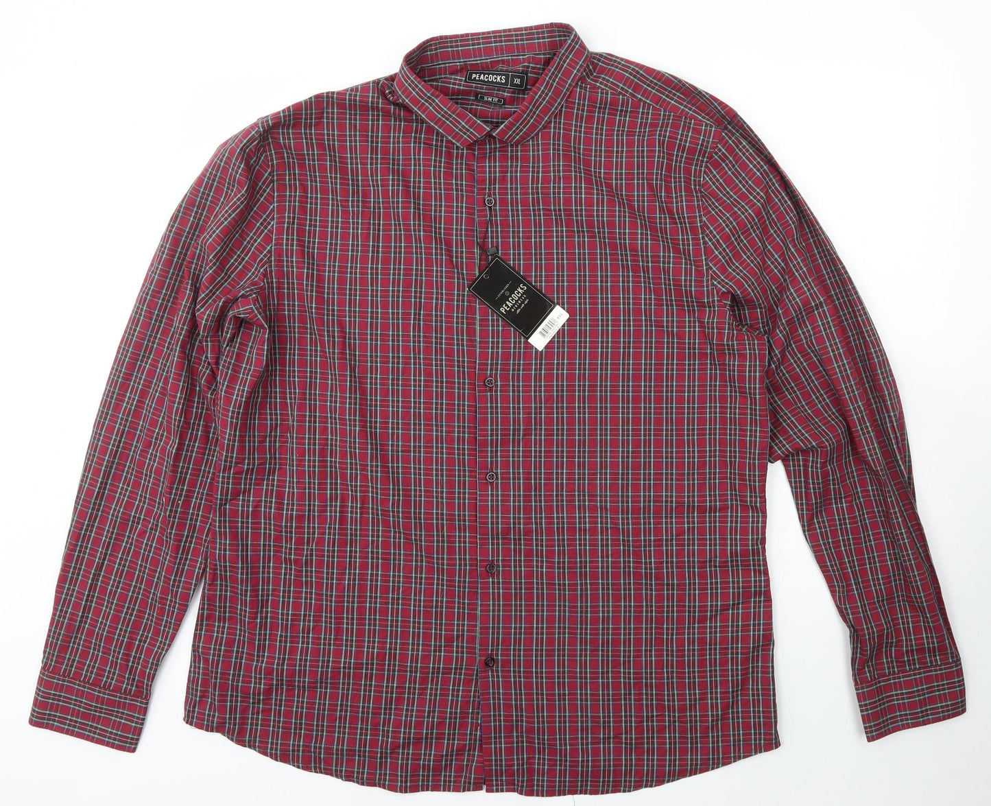 Peacocks Mens Red Check Cotton  Button-Up Size 2XL Collared Button