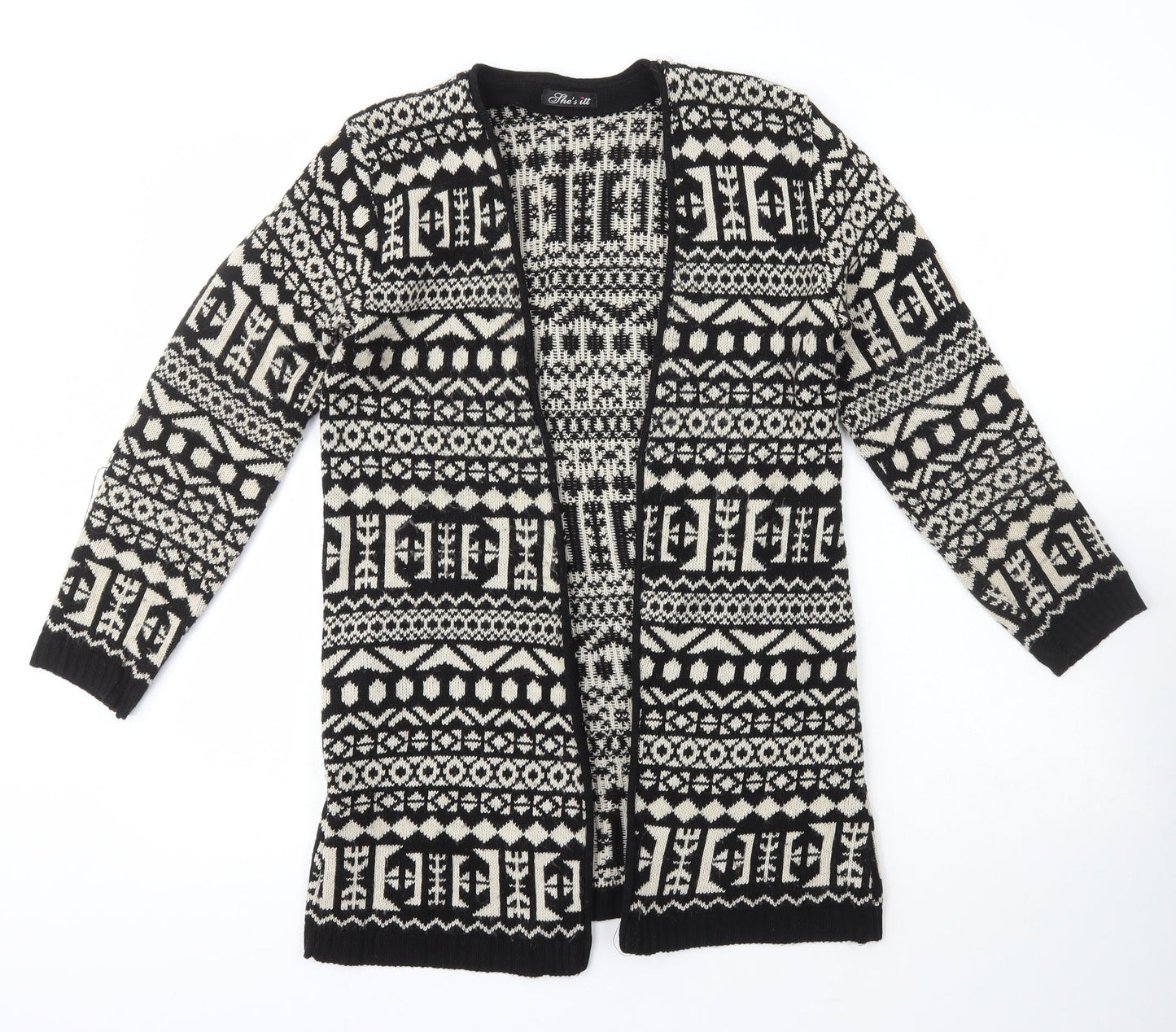 She's itt Womens Black Scoop Neck Geometric Cotton Cardigan Jumper Size S