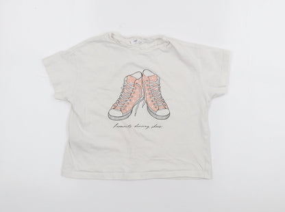 Mango Girls White  Cotton Basic T-Shirt Size 6 Years Crew Neck