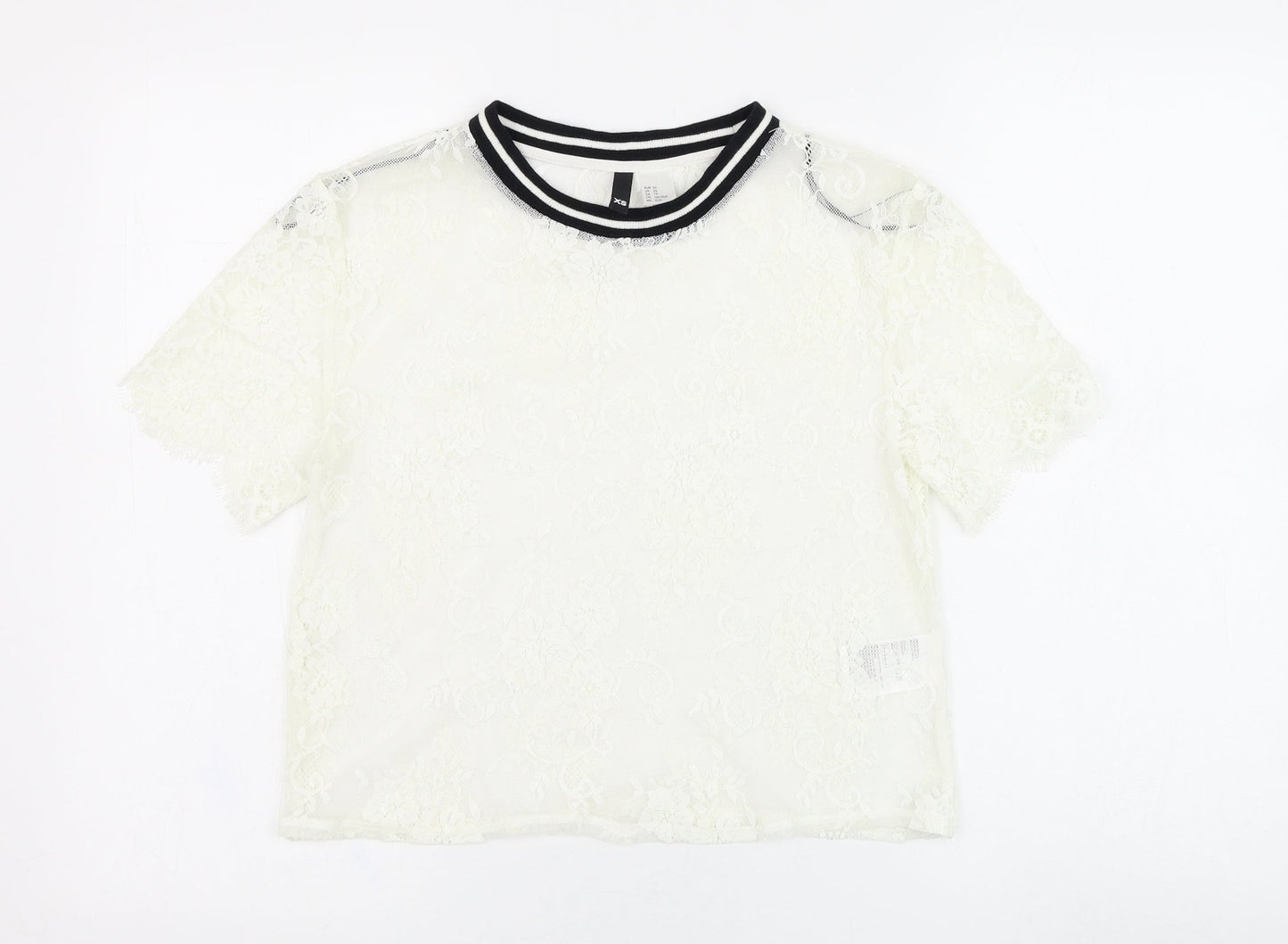 H&M Womens White  Polyamide Basic T-Shirt Size XS Round Neck - Lace
