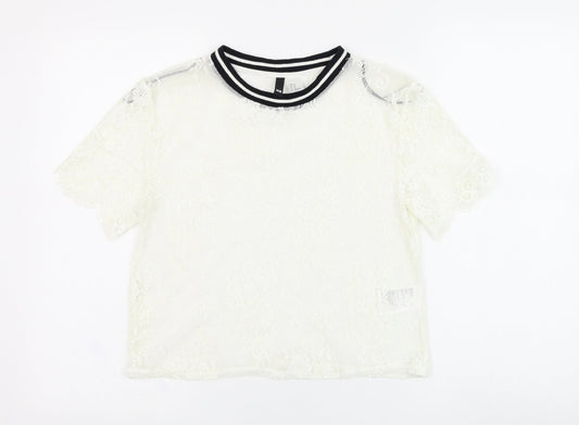 H&M Womens White  Polyamide Basic T-Shirt Size XS Round Neck - Lace