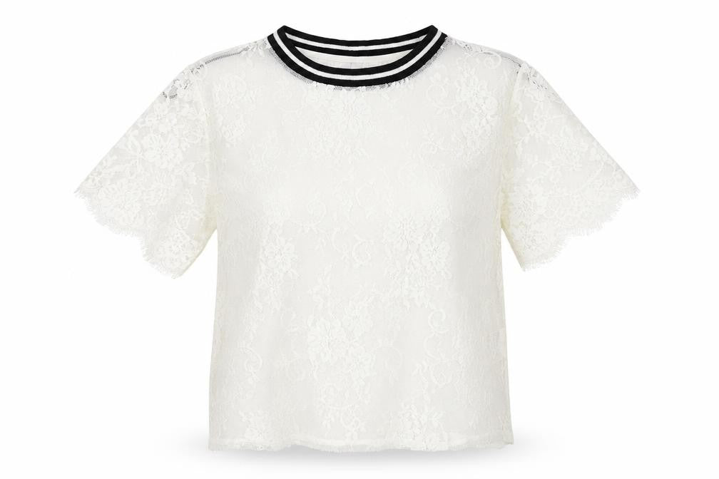 H&M Womens White  Polyamide Basic T-Shirt Size XS Round Neck - Lace