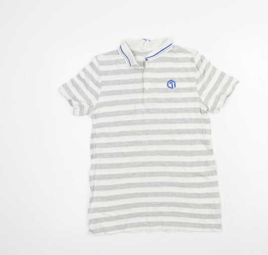 F&F Boys Grey Striped Cotton Pullover Polo Size 11-12 Years Collared Button