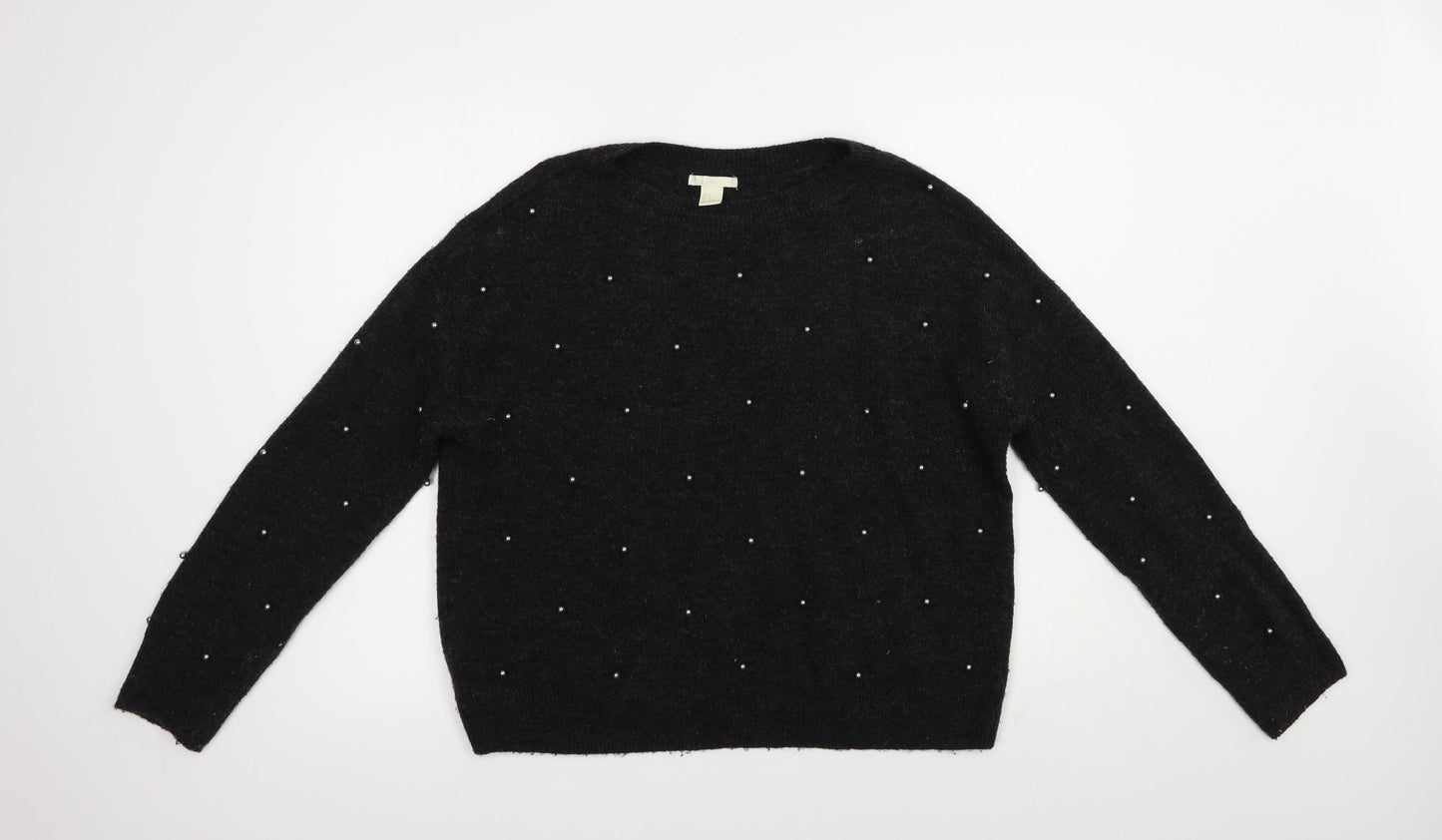 H&M Womens Grey Boat Neck  Acrylic Pullover Jumper Size S