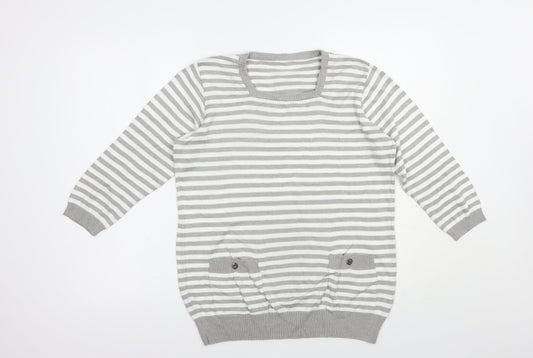 Preworn Womens Grey Square Neck Striped Cotton Pullover Jumper Size M