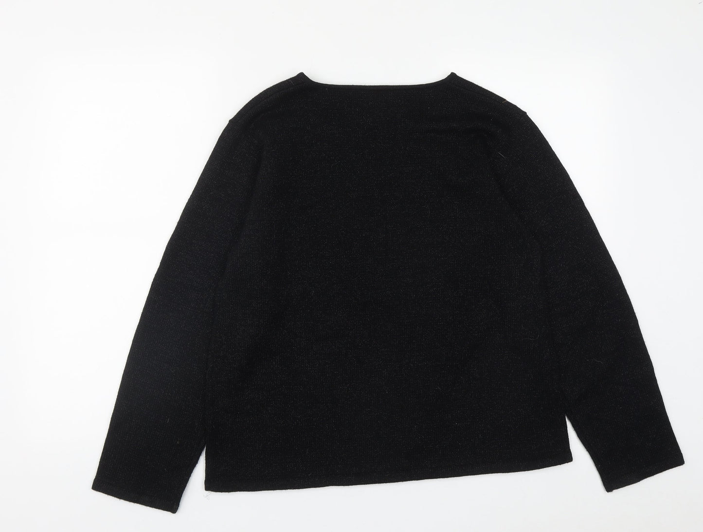 Collection Womens Black V-Neck Floral Acrylic Pullover Jumper Size 14
