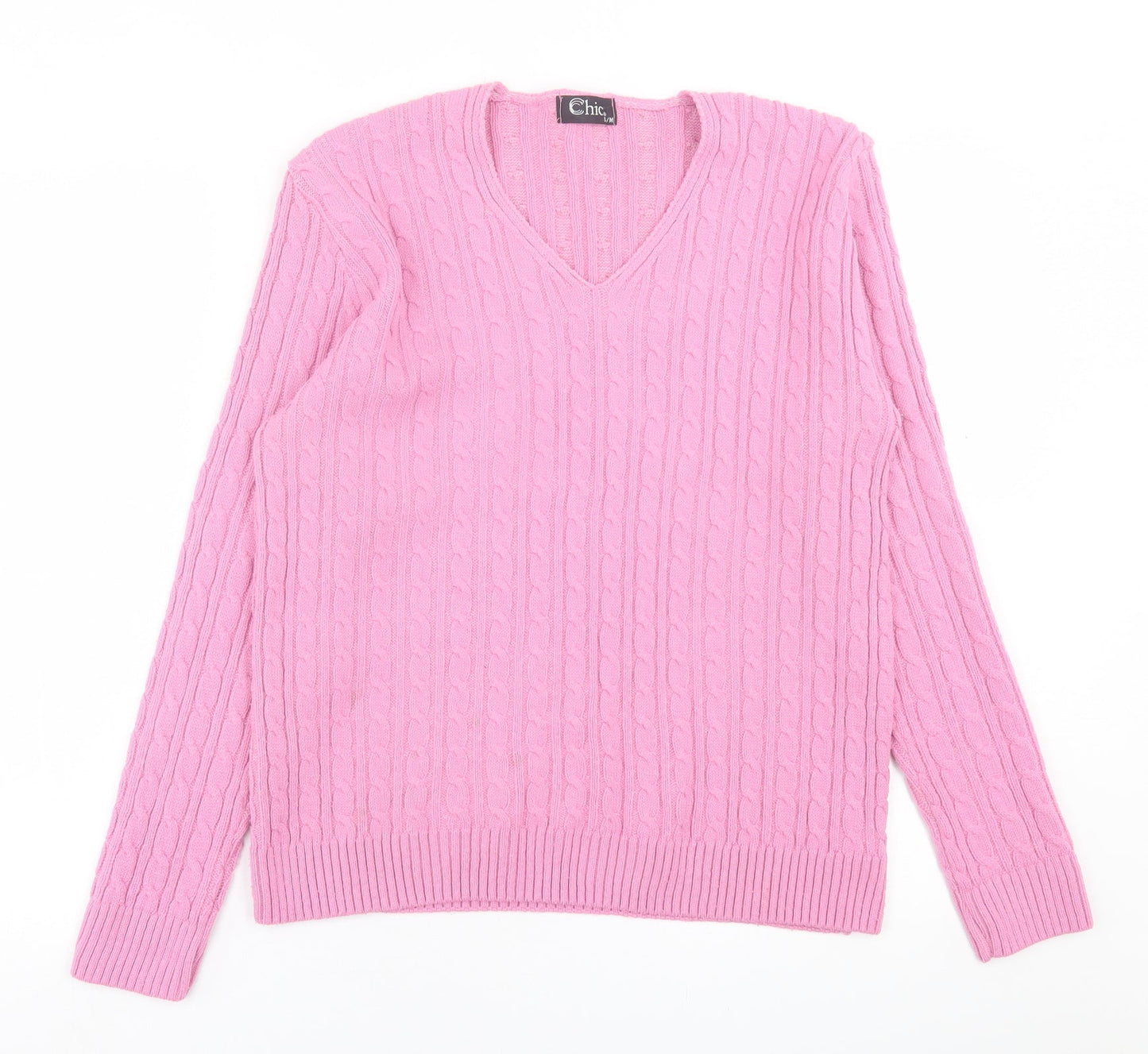 CHIC Womens Pink V-Neck  Acrylic Pullover Jumper Size S