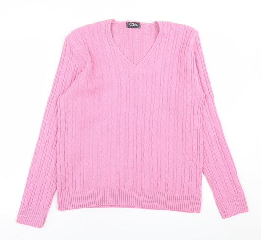 CHIC Womens Pink V-Neck  Acrylic Pullover Jumper Size S
