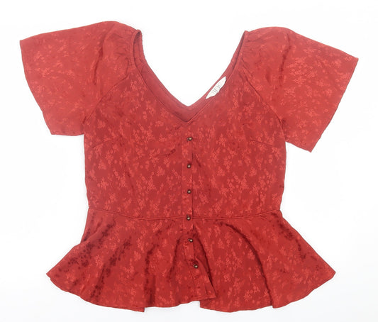 Nine Savannah Miller Womens Red Floral Polyester Basic T-Shirt Size 12 V-Neck