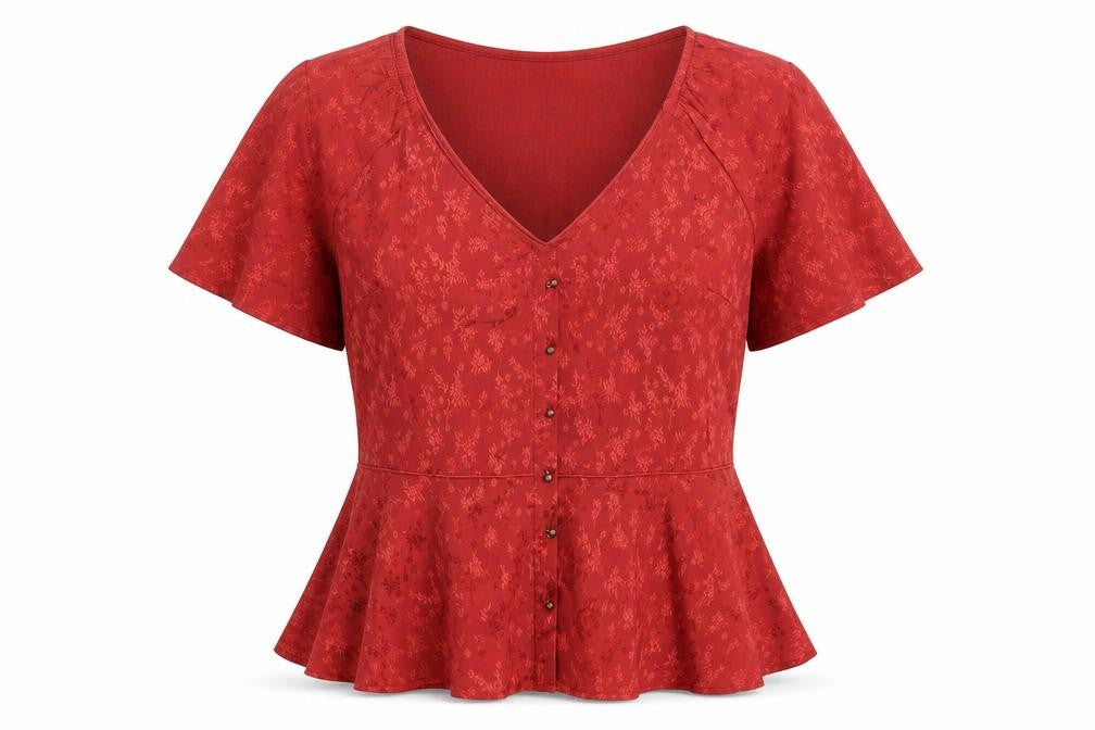Nine Savannah Miller Womens Red Floral Polyester Basic T-Shirt Size 12 V-Neck