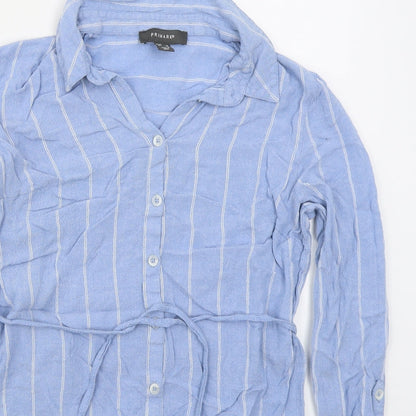 Preloved Primark Womens Blue Striped Viscose Basic Button-Up Size 10 Collared - Detail