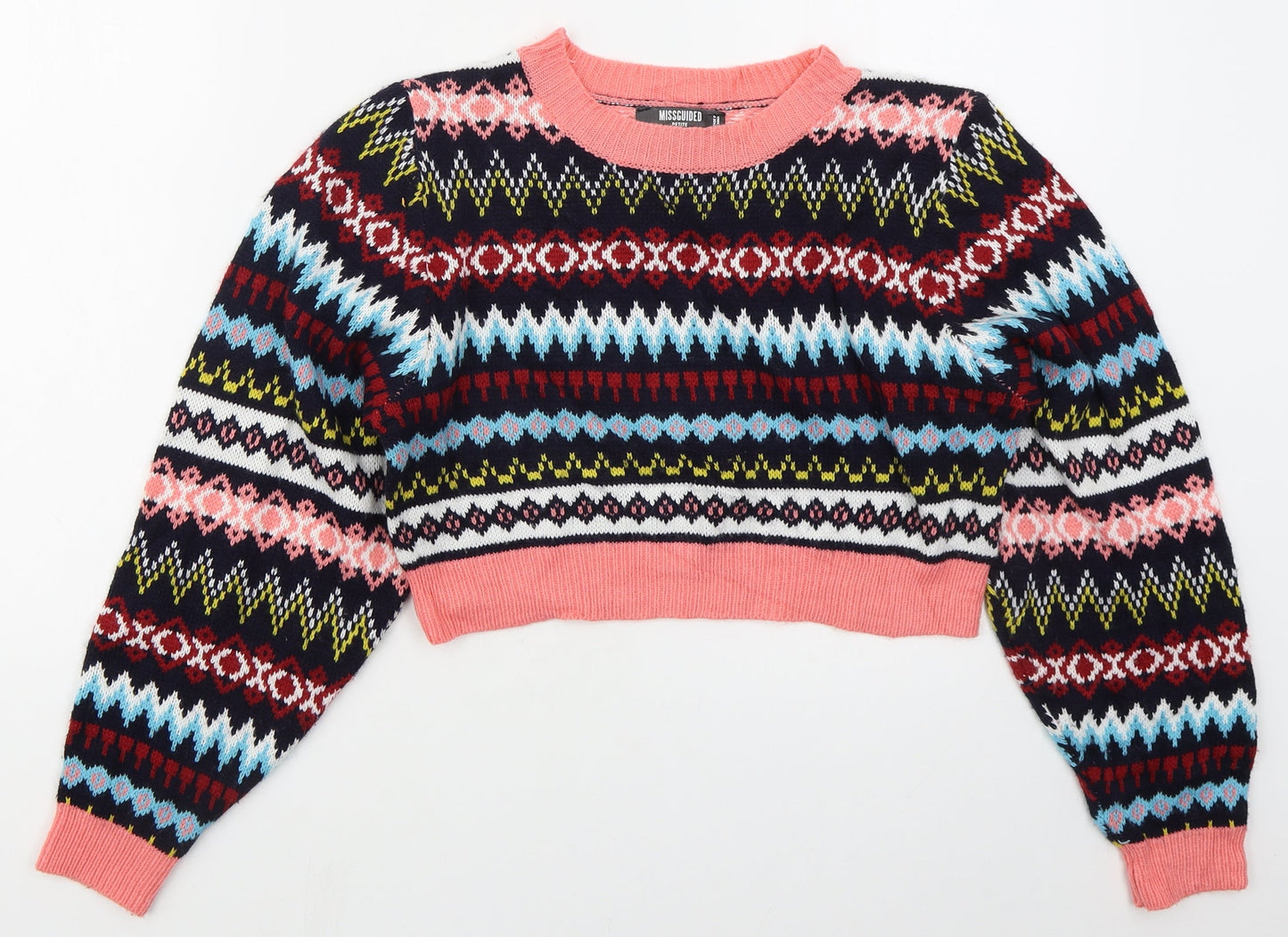 Missguided Womens Pink Crew Neck Geometric Acrylic Pullover Jumper Size S   - Blue