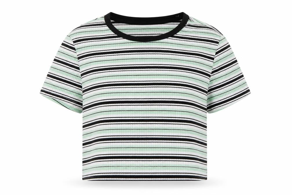 SHEIN Girls Green Striped Cotton Basic T-Shirt Size 12 Years Round Neck Pullover - Ribbed