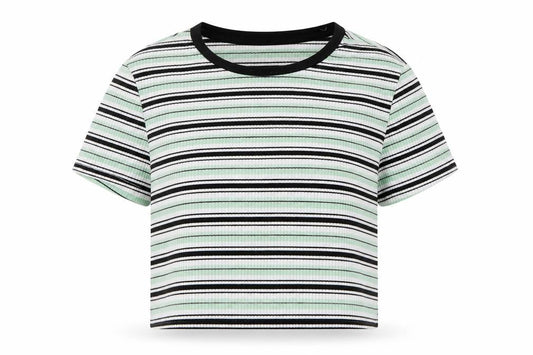 SHEIN Girls Green Striped Cotton Basic T-Shirt Size 12 Years Round Neck Pullover - Ribbed
