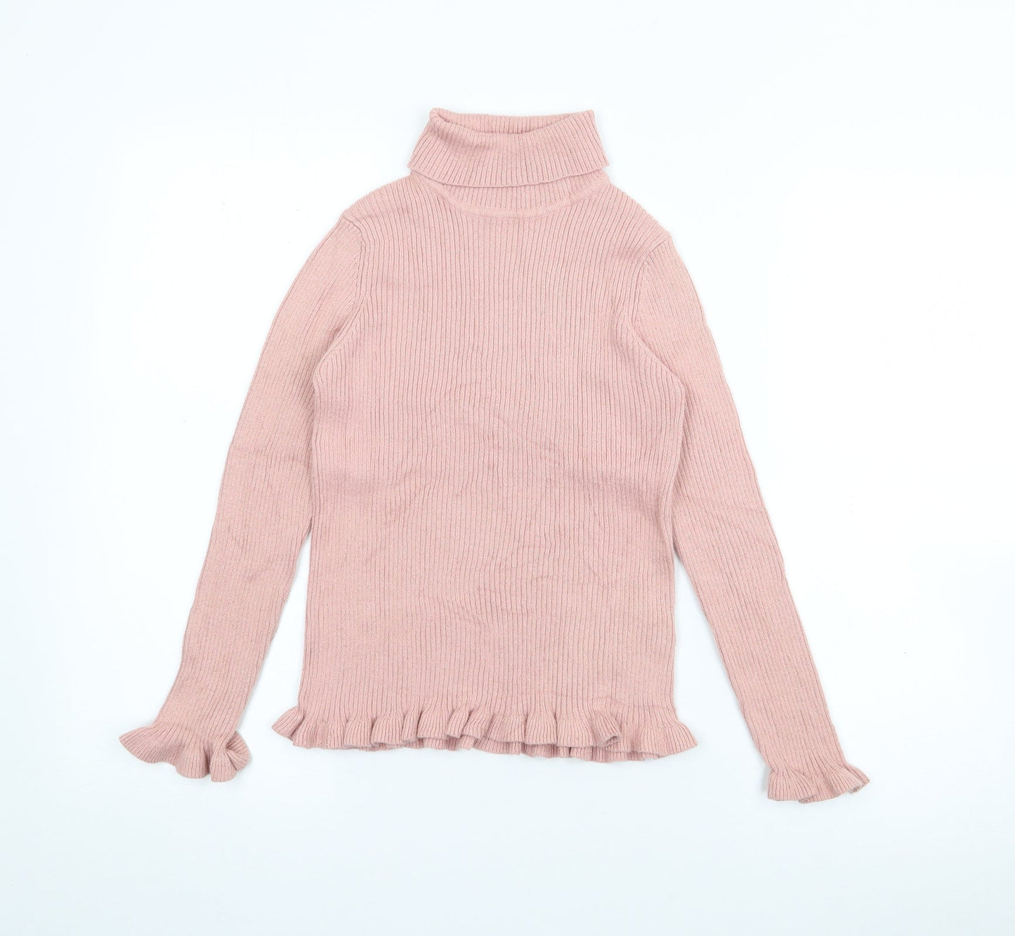 Marks and Spencer Girls Pink Roll Neck  Cotton Pullover Jumper Size 9-10 Years