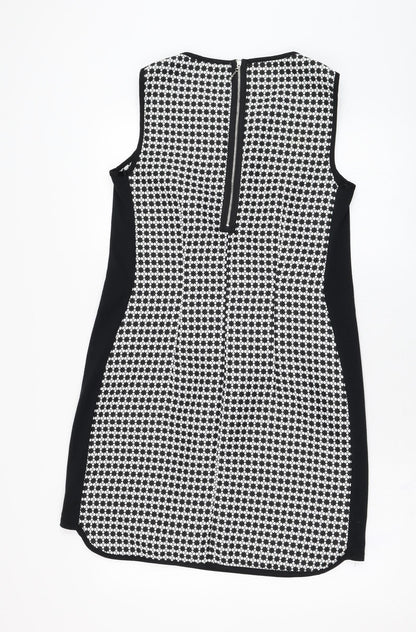 Dunnes Womens Black Geometric Polyester Shift  Size 10  Round Neck Zip