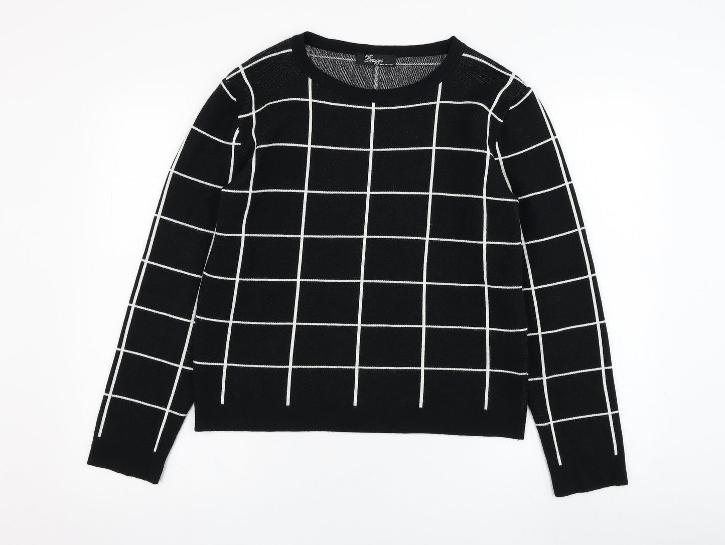 Peruggi Womens Black Round Neck Check Viscose Pullover Jumper Size 12
