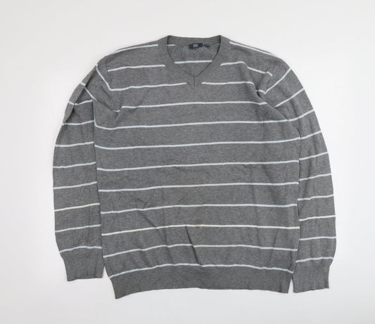 Easy Womens Grey V-Neck Striped 100% Cotton Pullover Jumper Size L