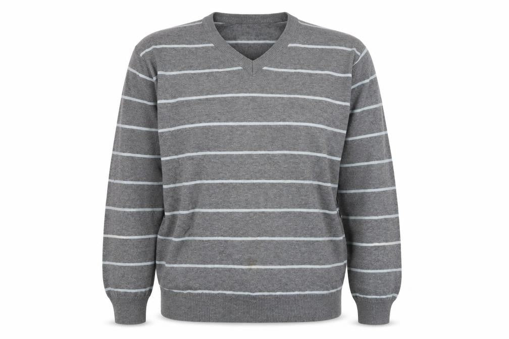 Easy Womens Grey V-Neck Striped 100% Cotton Pullover Jumper Size L