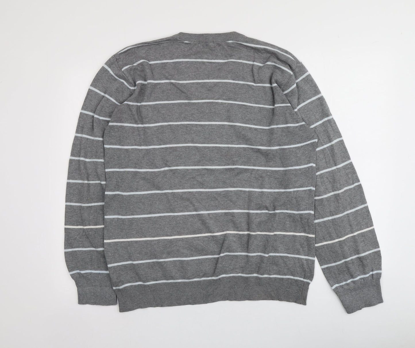 Easy Womens Grey V-Neck Striped 100% Cotton Pullover Jumper Size L
