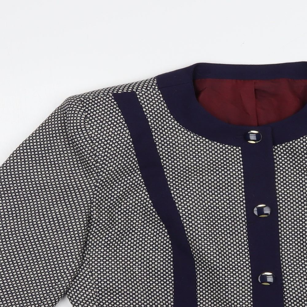 Dorene Womens Blue Geometric  Jacket Blazer Size 12  Button