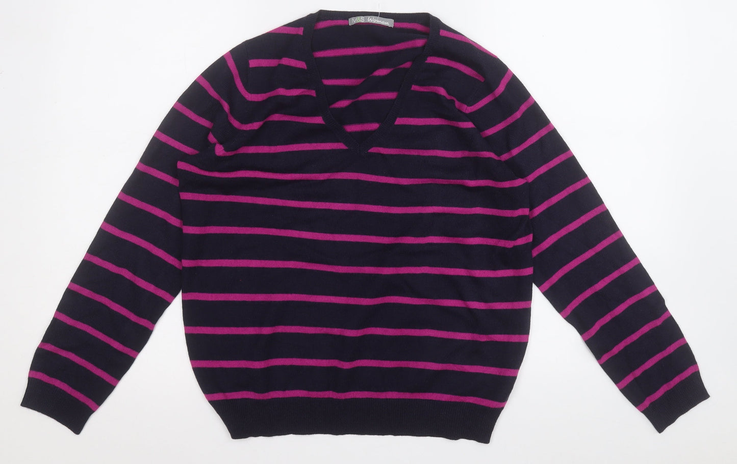 Marks and Spencer Womens Purple V-Neck Striped Acrylic Pullover Jumper Size 12