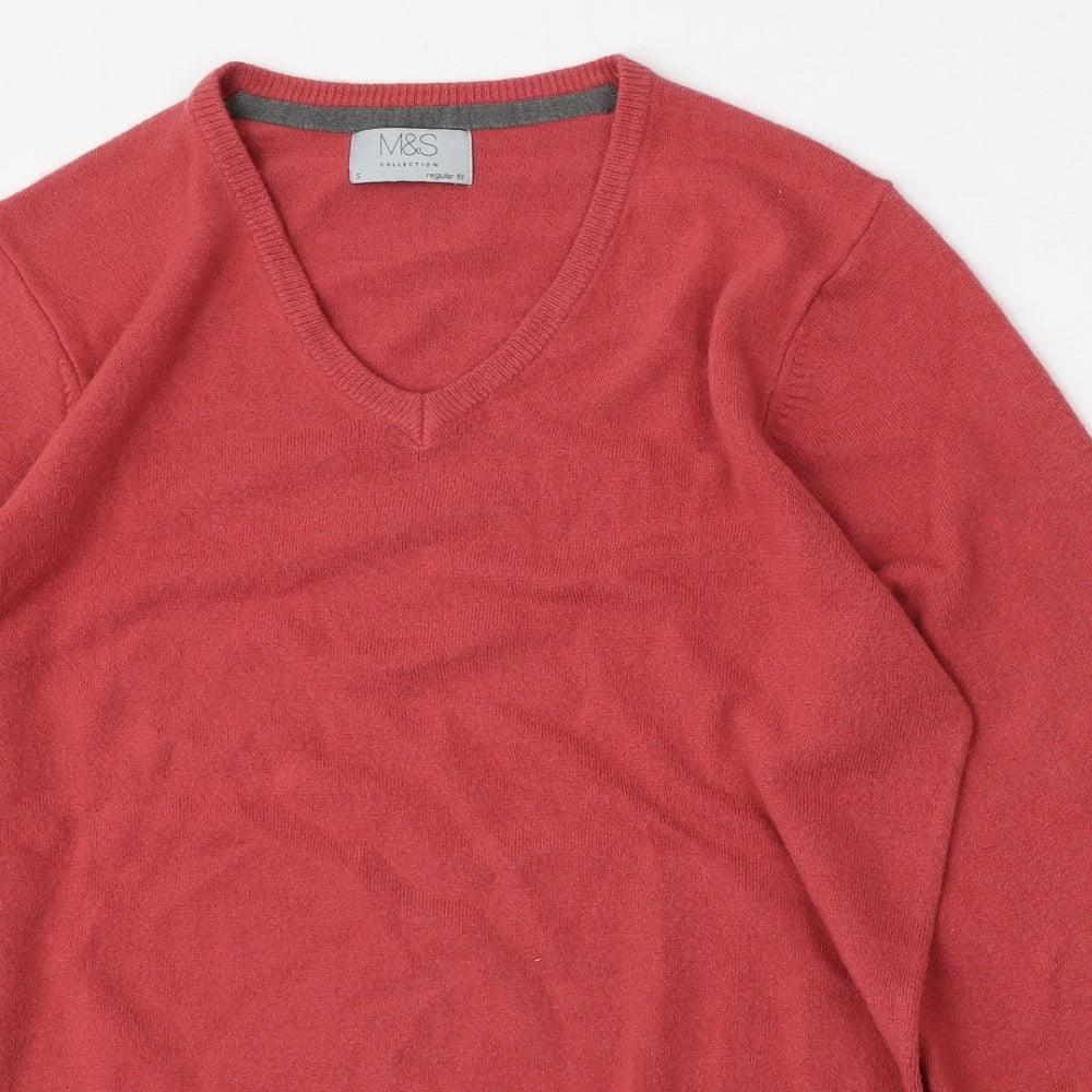 Marks and Spencer Mens Red V-Neck  Acrylic Pullover Jumper Size S
