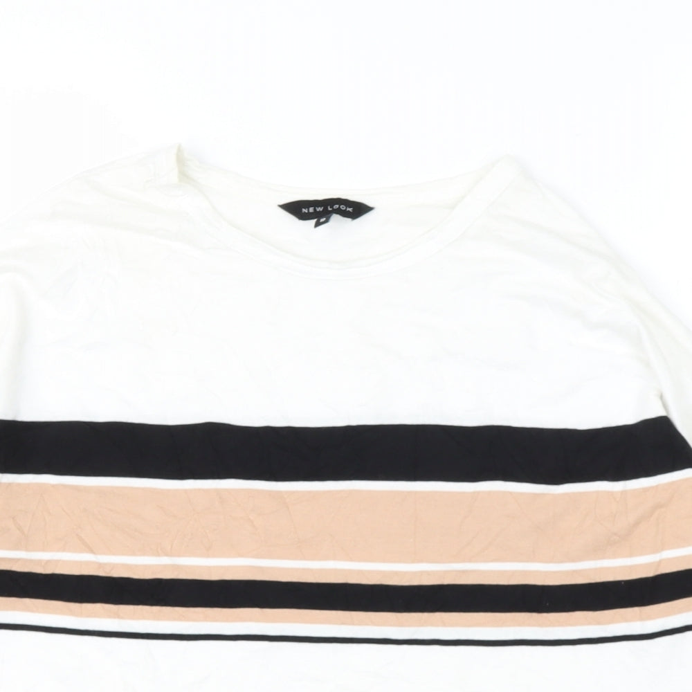 New Look Womens White Striped Cotton Basic T-Shirt Size 10 Round Neck