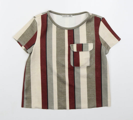 Zara Womens Grey Striped Polyester Basic T-Shirt Size S Crew Neck - Red