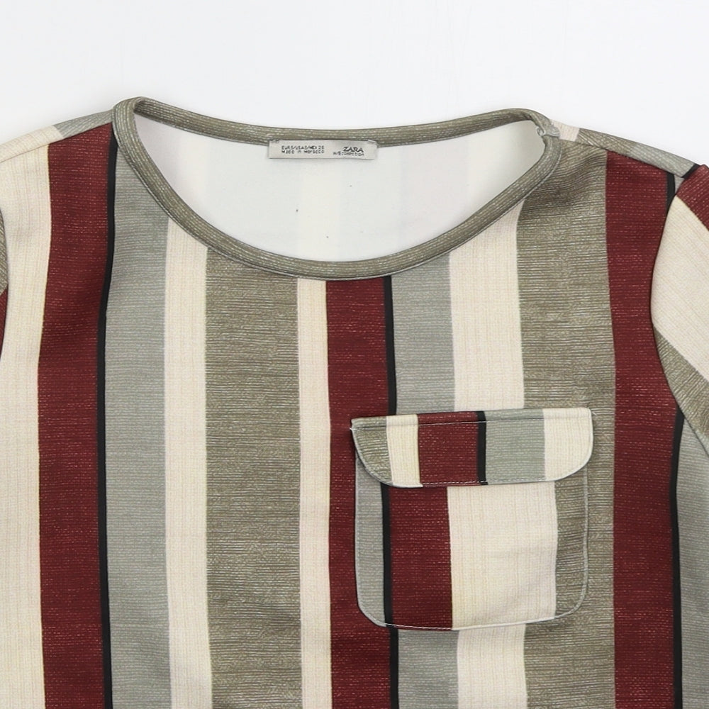 Zara Womens Grey Striped Polyester Basic T-Shirt Size S Crew Neck - Red