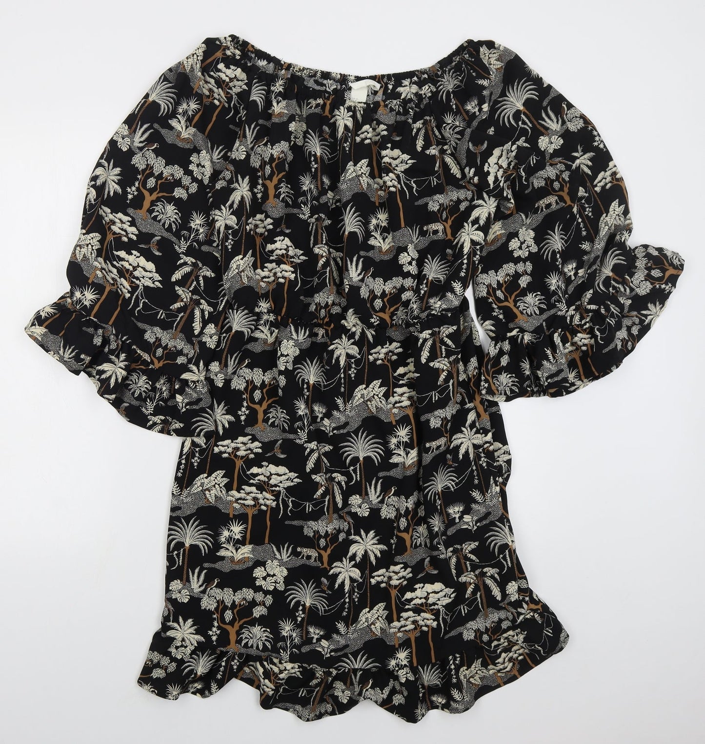 H&M Womens Black  Polyester Skater Dress  Size 8  Off the Shoulder Pullover - Trees