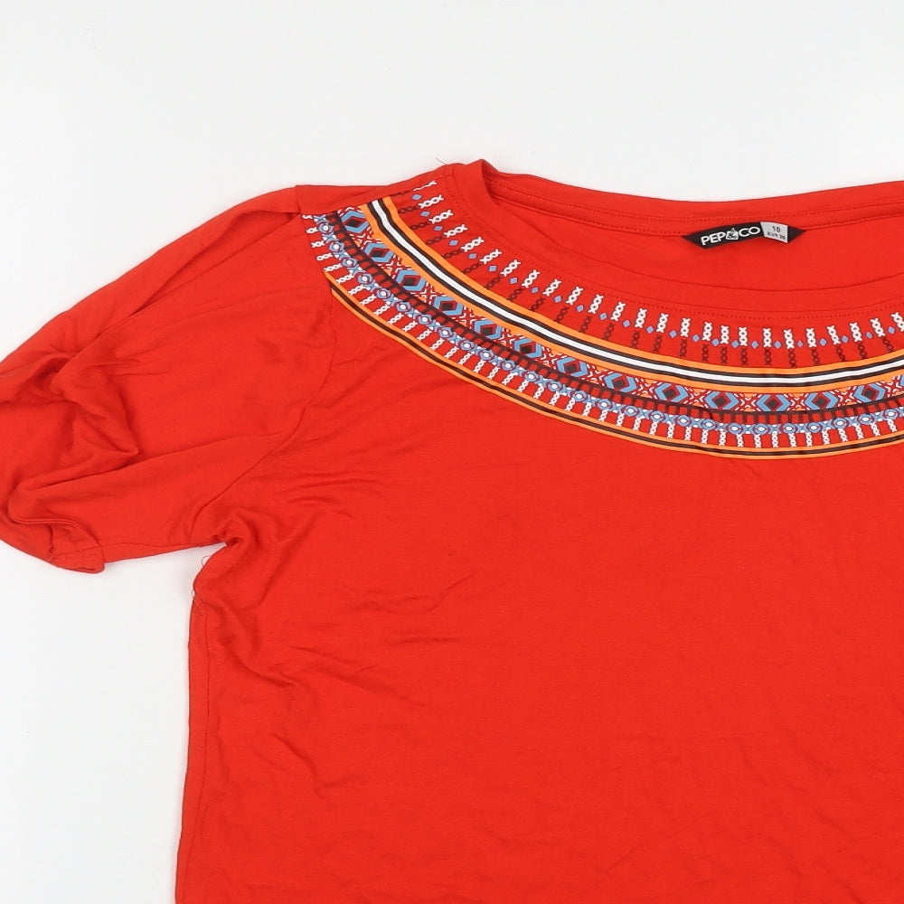 Pep&Co Womens Red Geometric Viscose Basic T-Shirt Size 10 Round Neck - Shoulder Detail