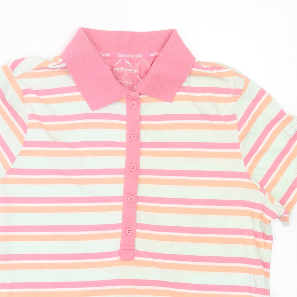 BackSwing Womens Multicoloured Striped Cotton Basic Polo Size L Collared