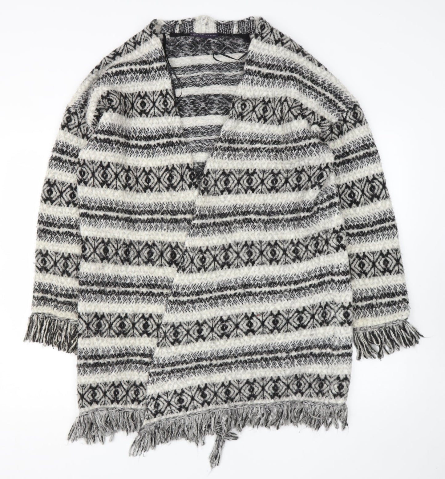 Marks and Spencer Womens Beige Round Neck Geometric Acrylic Wrap Jumper Size L   - tassels on bottom