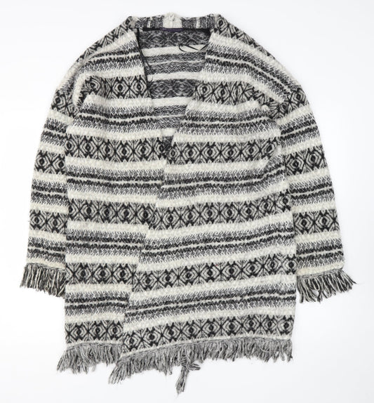 Marks and Spencer Womens Beige Round Neck Geometric Acrylic Wrap Jumper Size L   - tassels on bottom