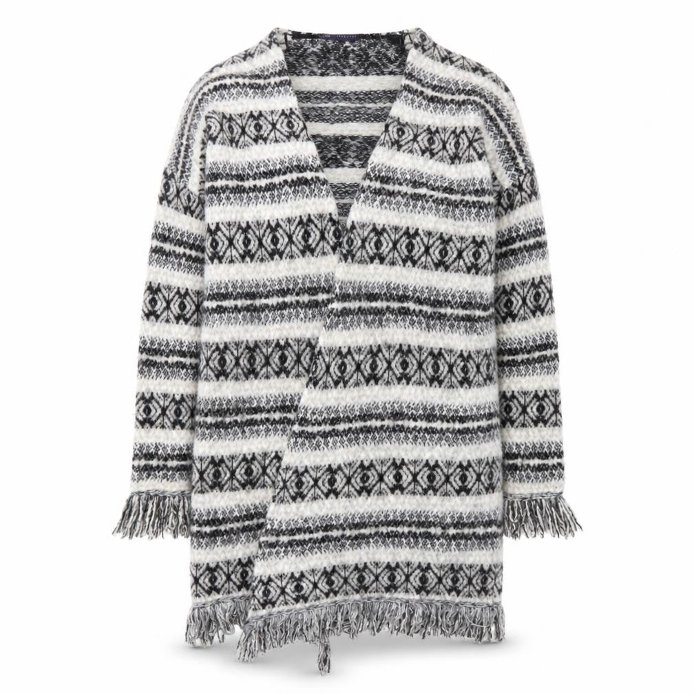 Marks & Spencer Womens Beige Round Neck Geometric Acrylic Wrap Jumper Size L   - tassels on bottom