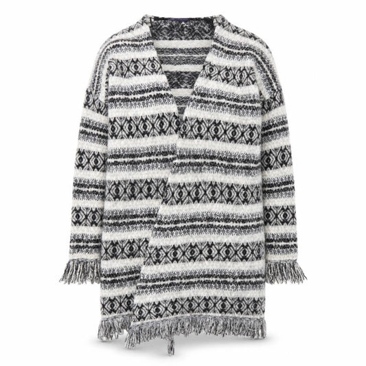 Marks & Spencer Womens Beige Round Neck Geometric Acrylic Wrap Jumper Size L   - tassels on bottom