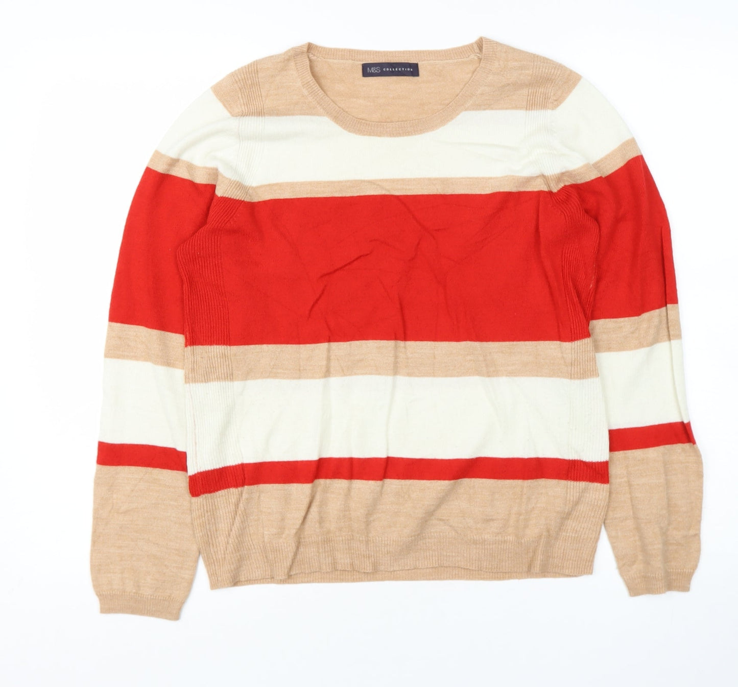 Marks and Spencer Womens Beige Round Neck Striped Polyester Pullover Jumper Size 12