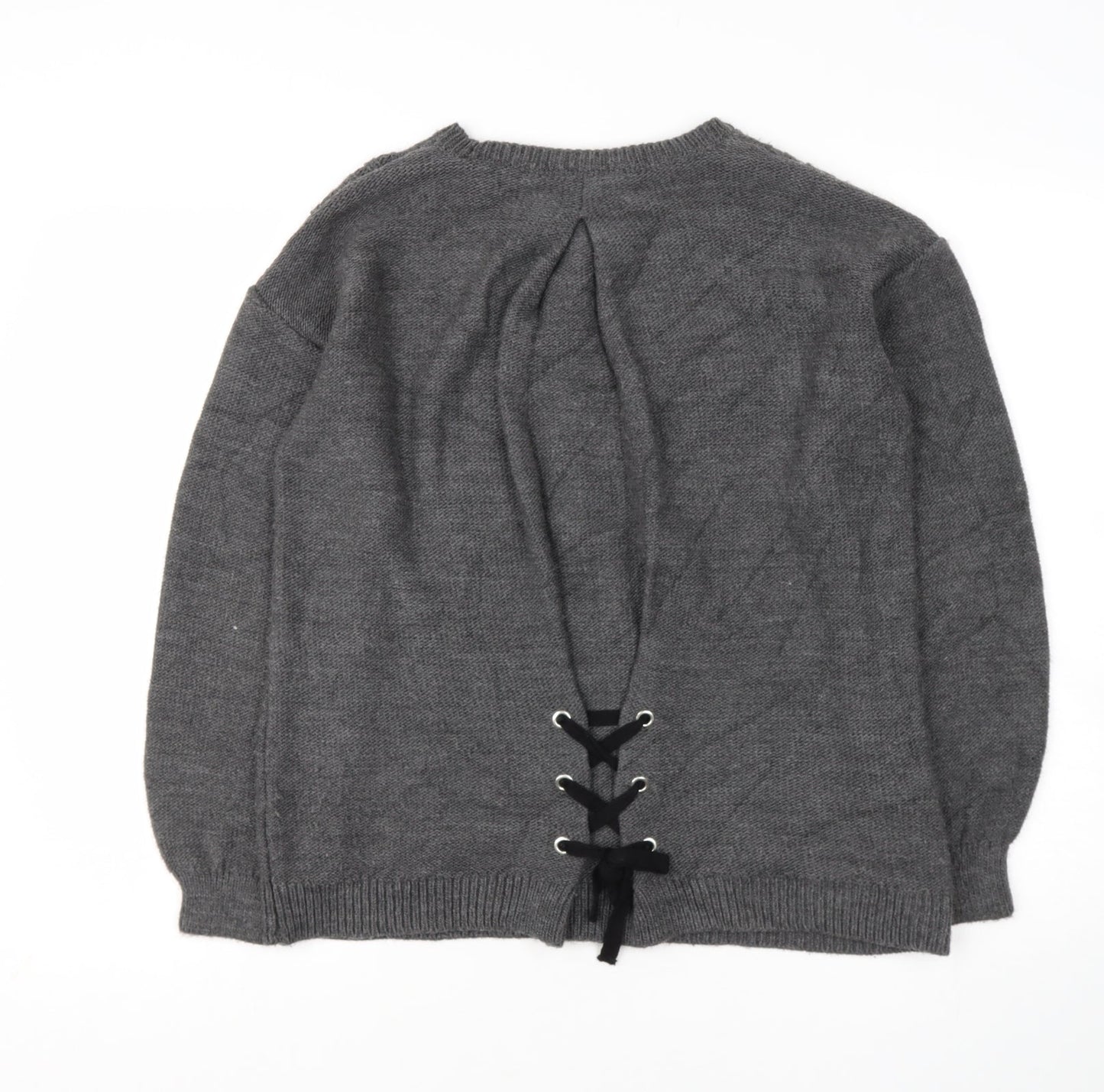 Papaya Womens Grey Round Neck  Acrylic Pullover Jumper Size M   - lace up detail