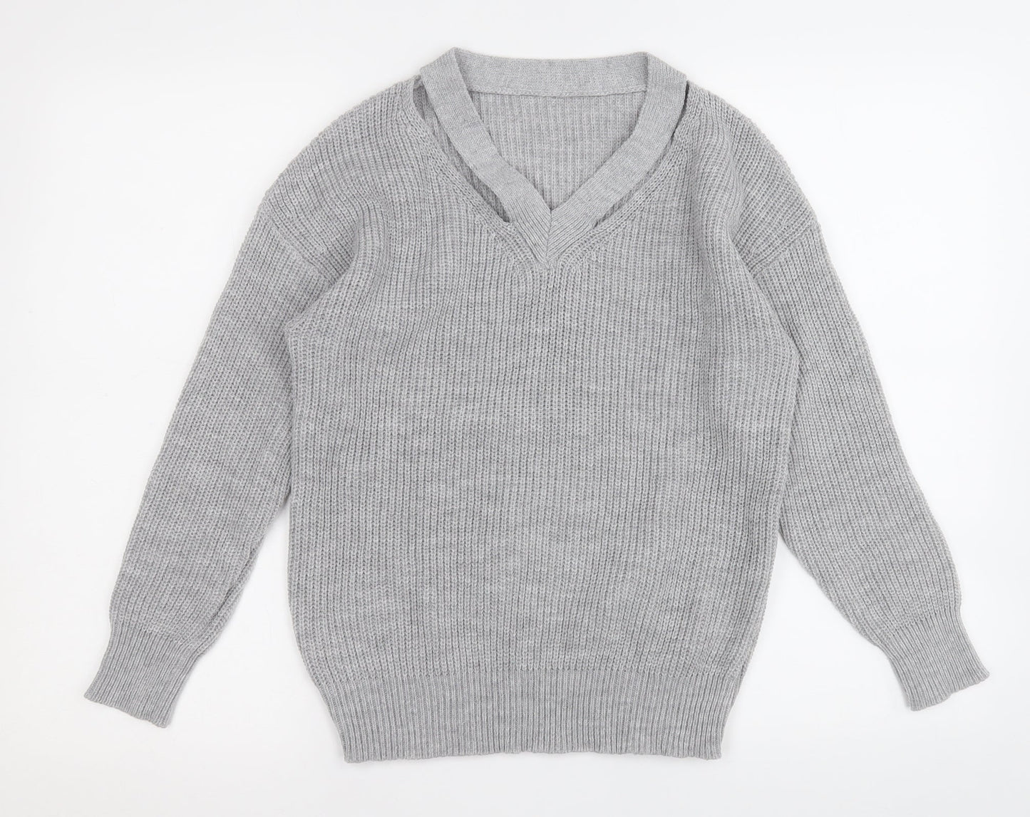 Shien Womens Grey V-Neck  Acrylic Pullover Jumper Size S