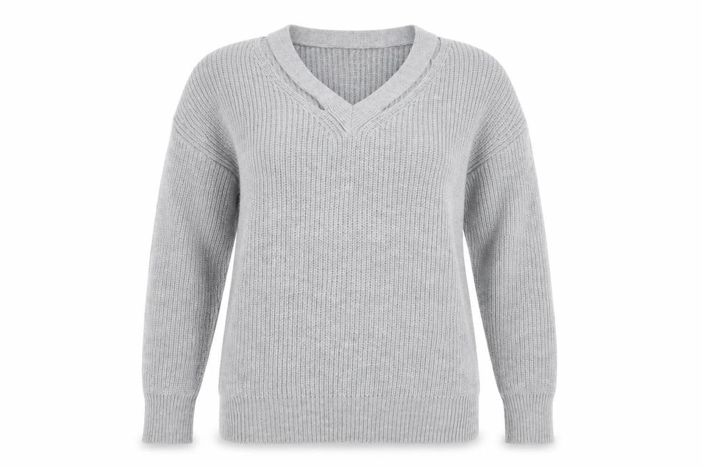 Shien Womens Grey V-Neck  Acrylic Pullover Jumper Size S