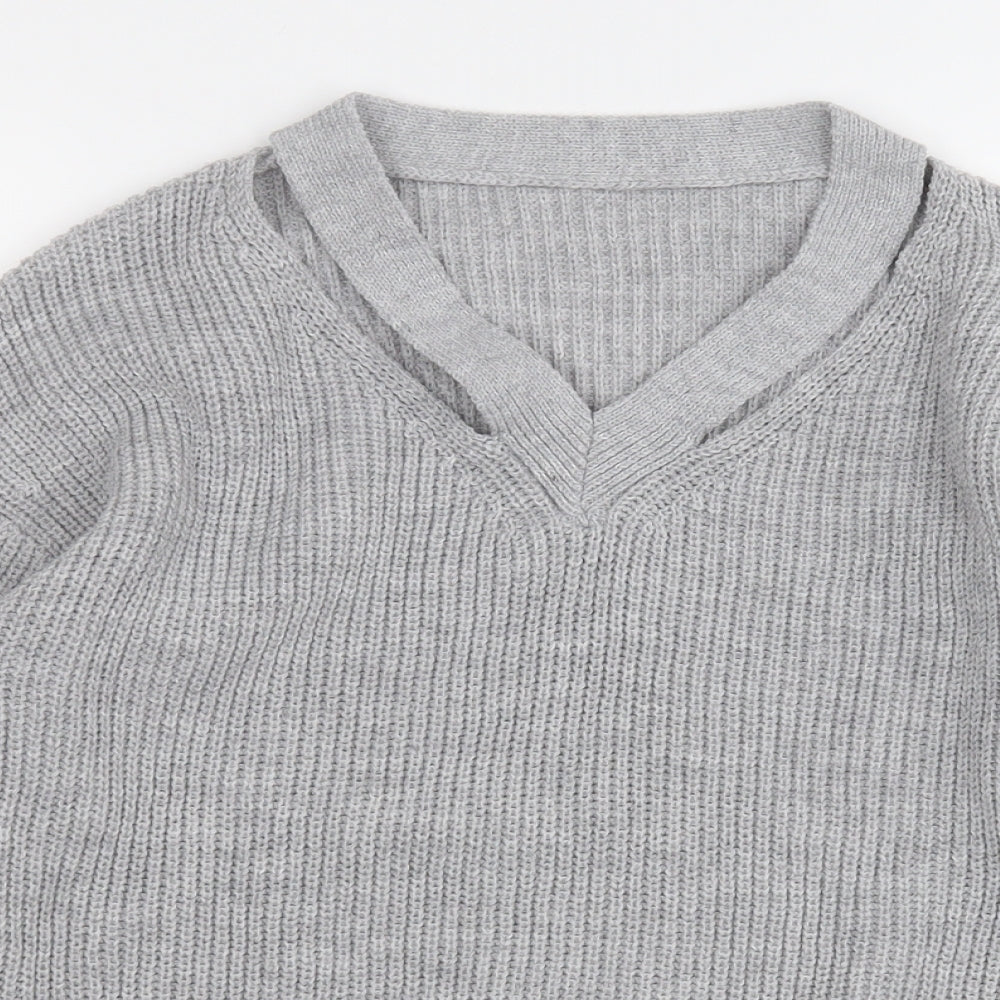 Shien Womens Grey V-Neck  Acrylic Pullover Jumper Size S